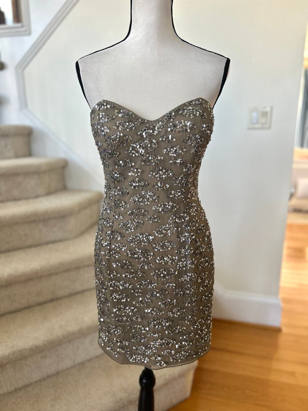 Vintage 90s NWT Shail K Taupe Silk Sequin Sweetheart Mini Dress